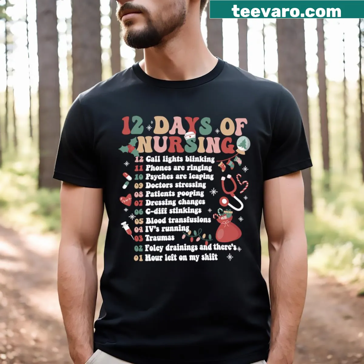 Funny Christmas t-shirt featuring the '12 Days of Nursing' theme designed for nurses — on a men's t-shirt