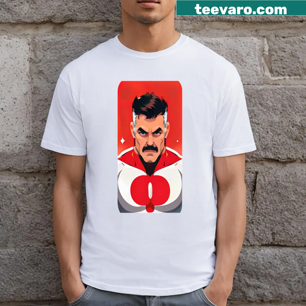 T-shirt featuring a graphic of Omni Man from superhero lore — on a men's t-shirt