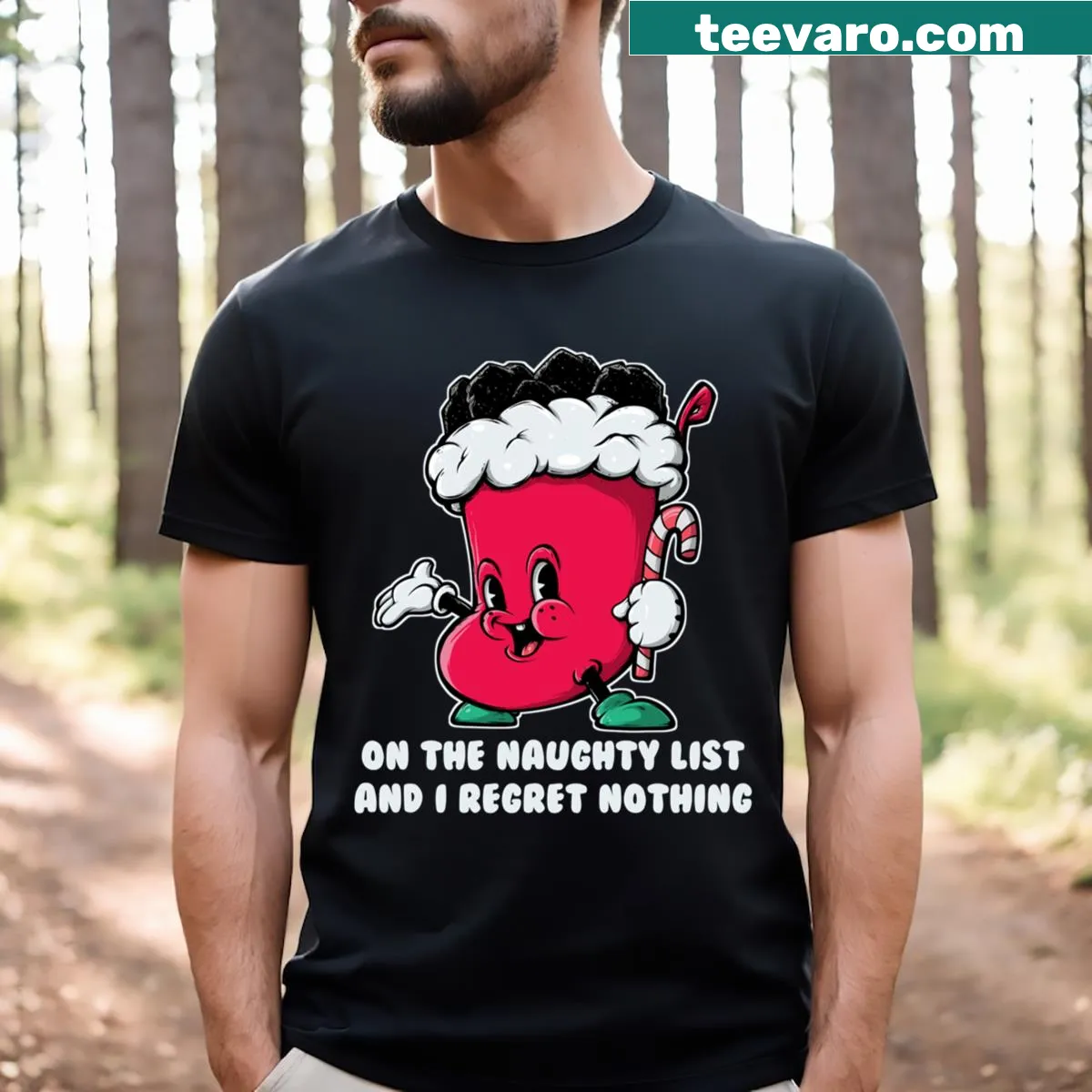 Funny Christmas t-shirt with the phrase 'On The Naughty List And I Regret Nothing' and holiday imagery — on a men's t-shirt