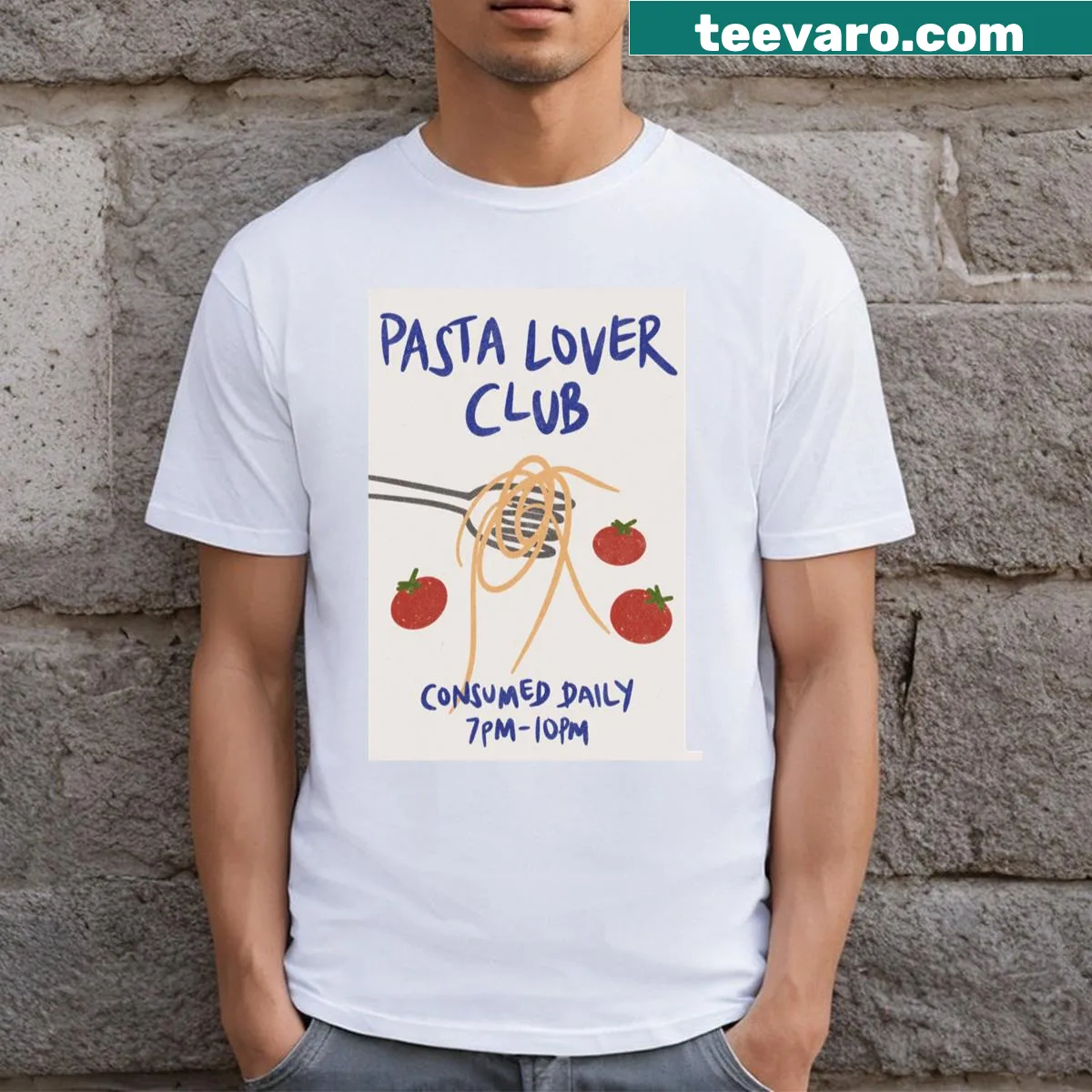 Illustration of tomatoes and fork with 'Pasta Lover' text — on a men's t-shirt