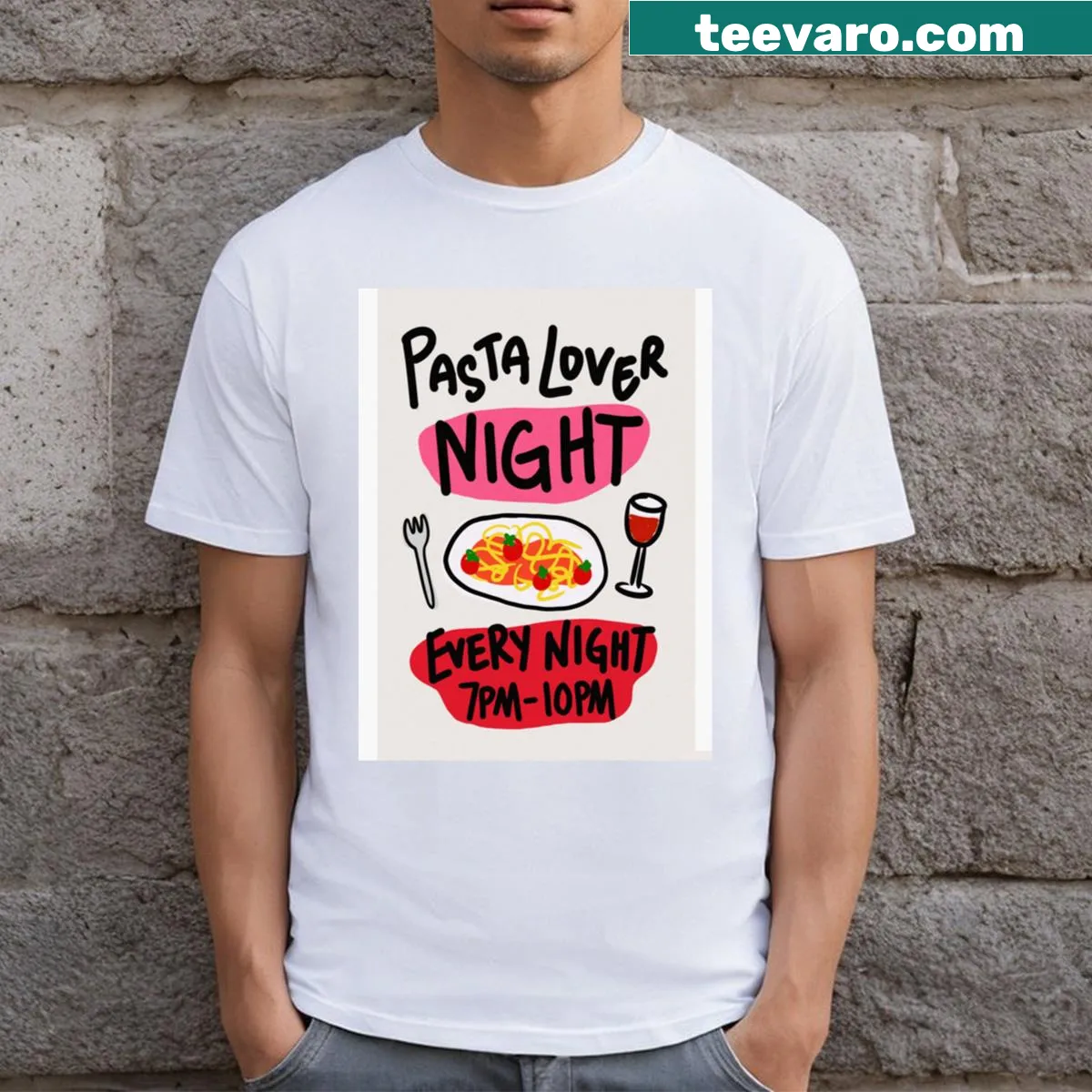 Funny pasta-themed t-shirt with illustrations of food — on a men's t-shirt