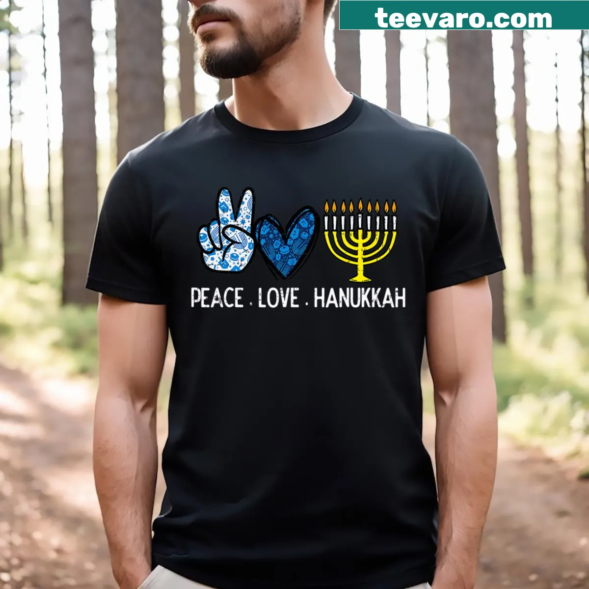 Retro Hanukkah t-shirt featuring peace symbols and festive designs — on a men's t-shirt