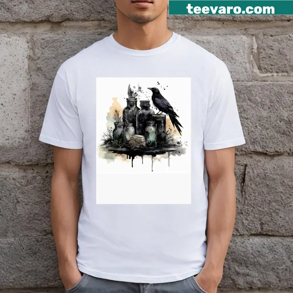 Whimsical t-shirt featuring various illustrated potion bottles