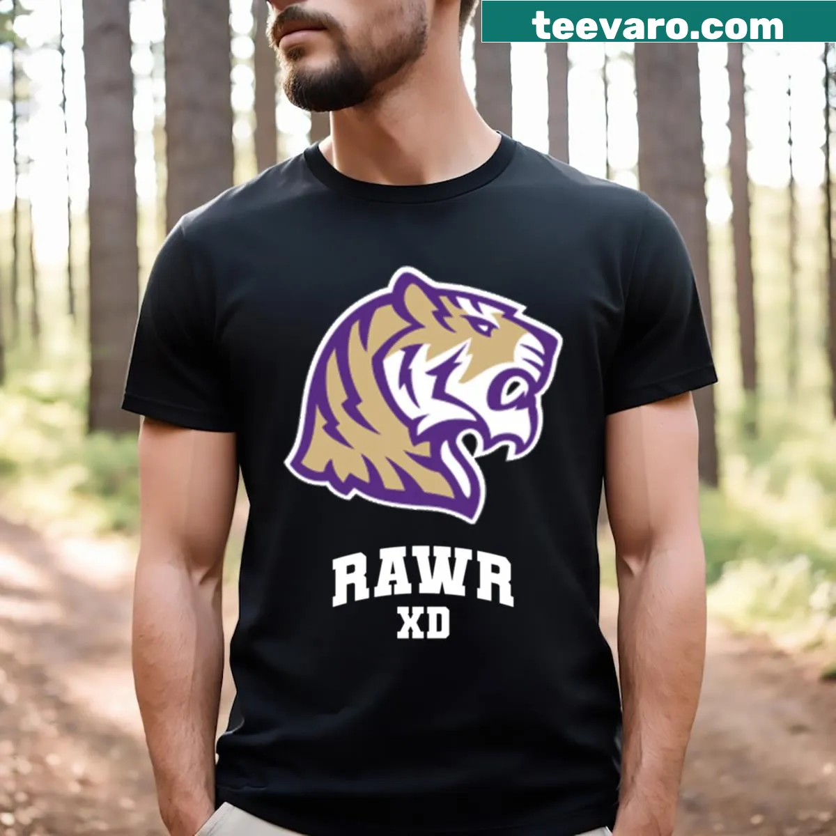 Playful 'Rawr XD' typography on a T-shirt — on a men's t-shirt