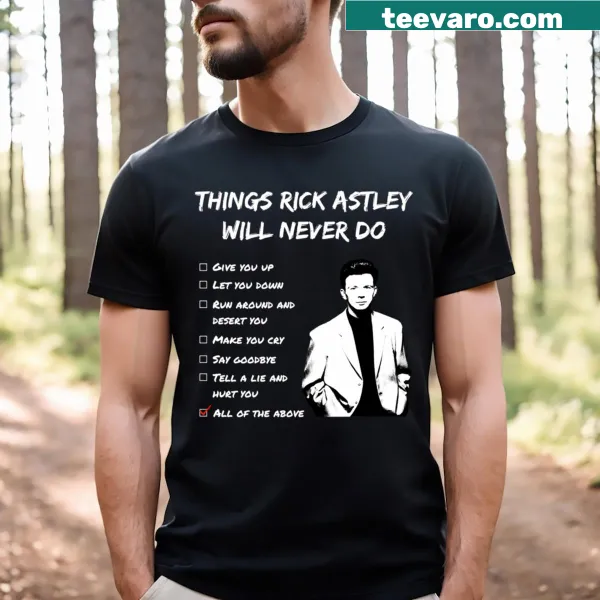 Cartoon-style Rickroll graphic on a T-shirt.