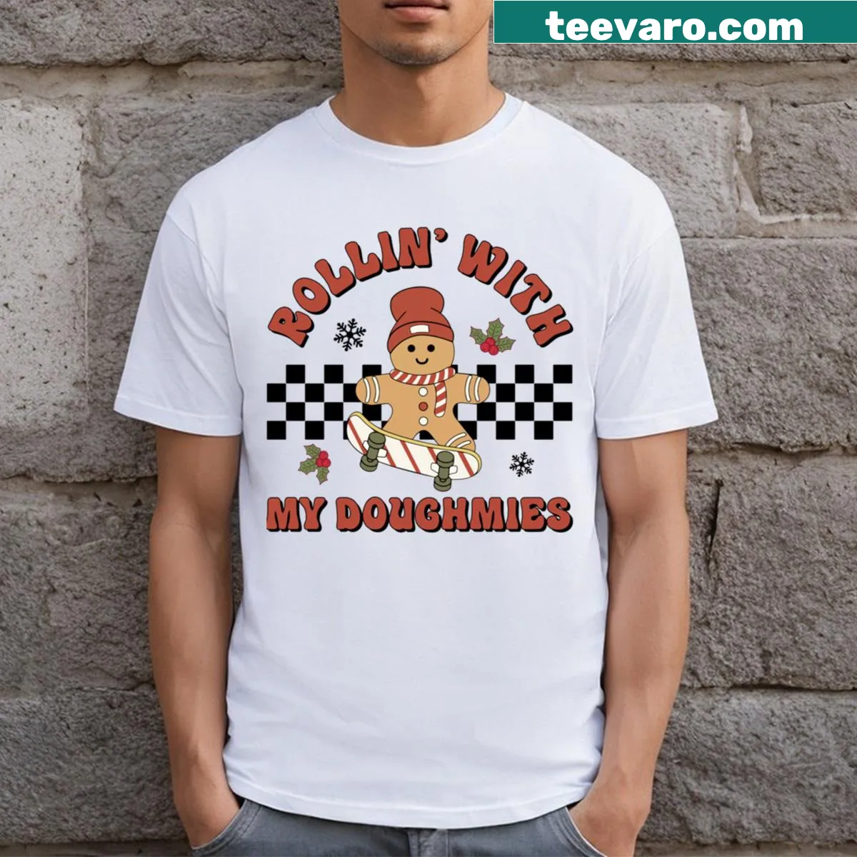 Funny gingerbread skater graphic on a Christmas T-shirt. — on a men's t-shirt