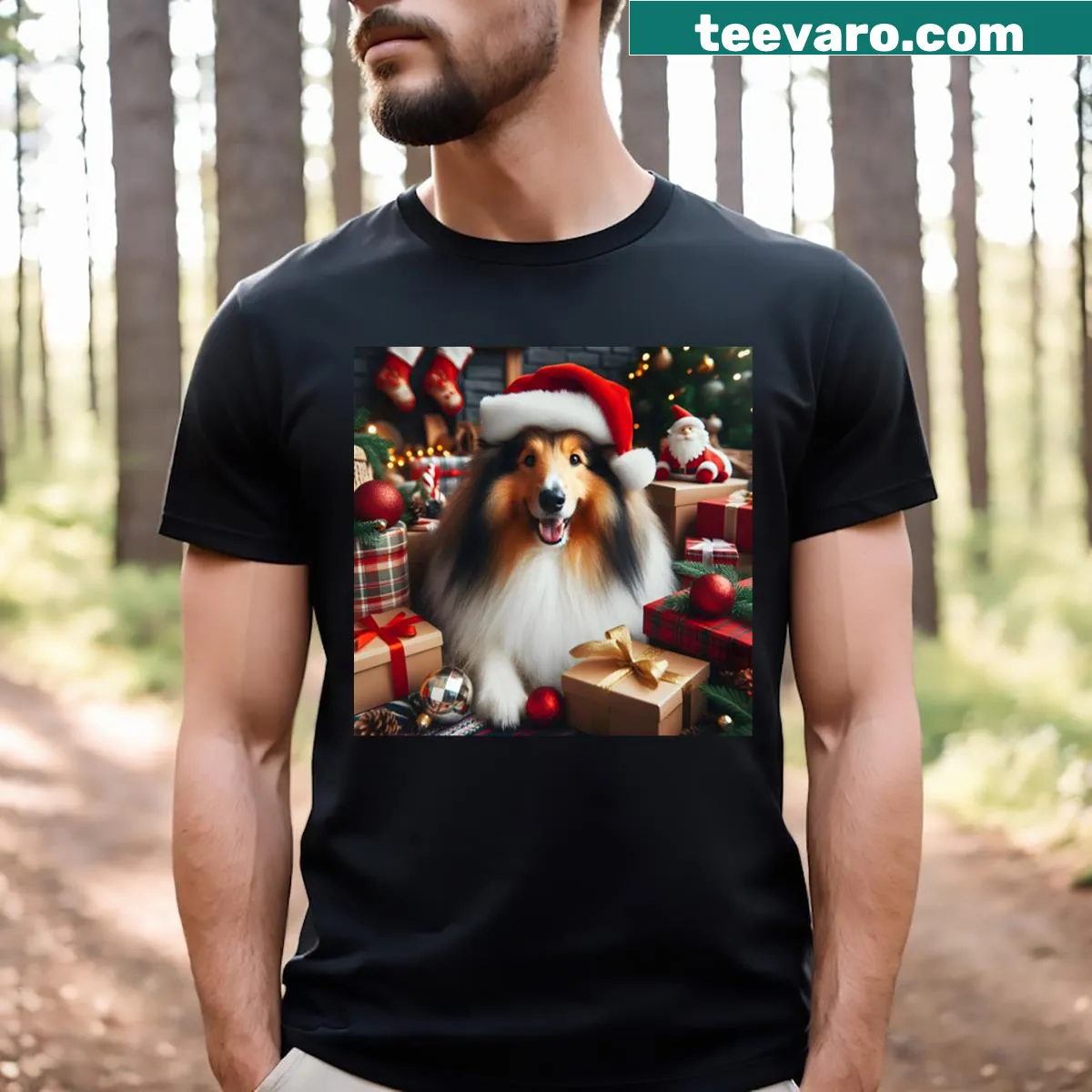 Cute Rough Collie illustration for a Christmas t-shirt — on a men's t-shirt