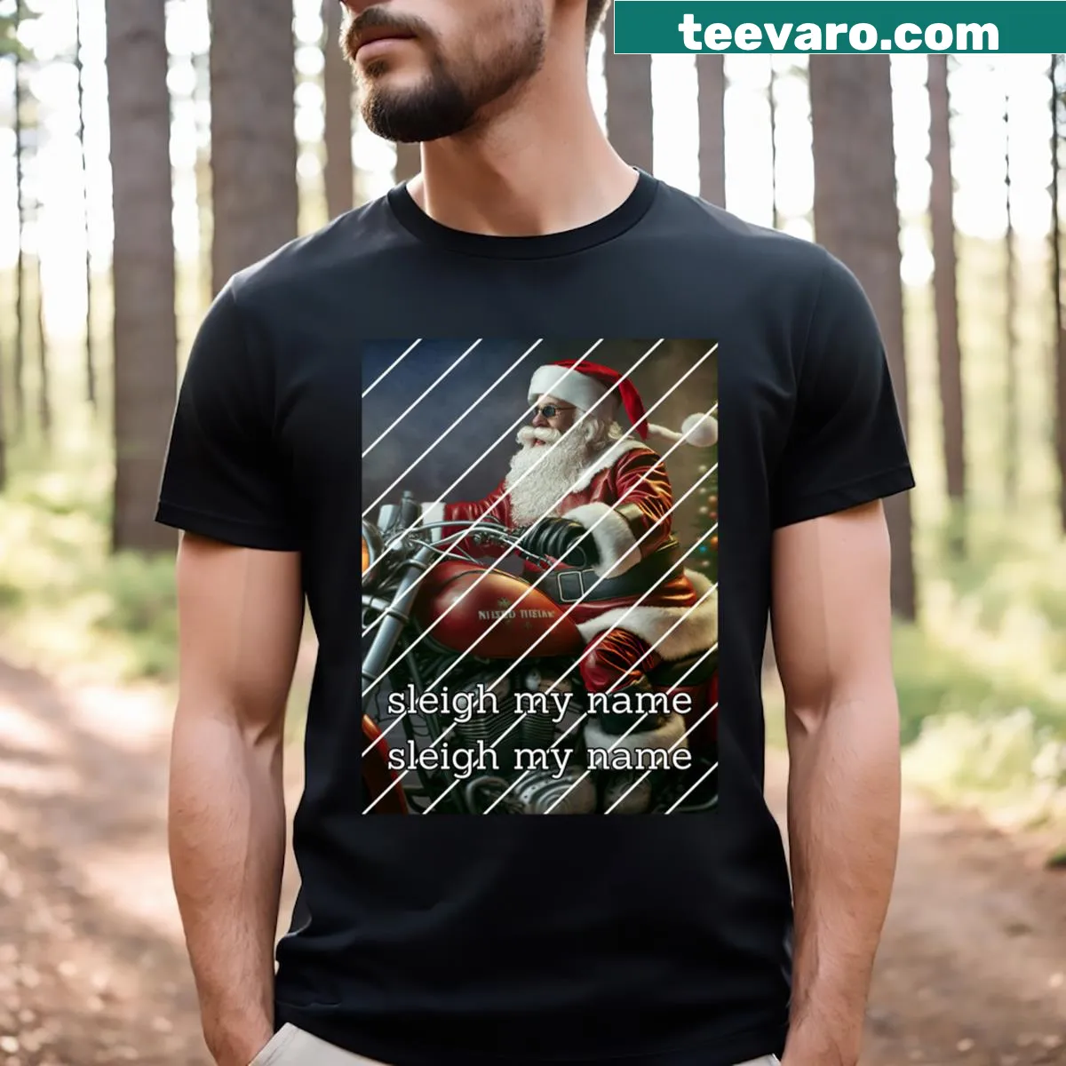 Santa on a motorcycle sleigh graphic on an essential T-shirt — on a men's t-shirt