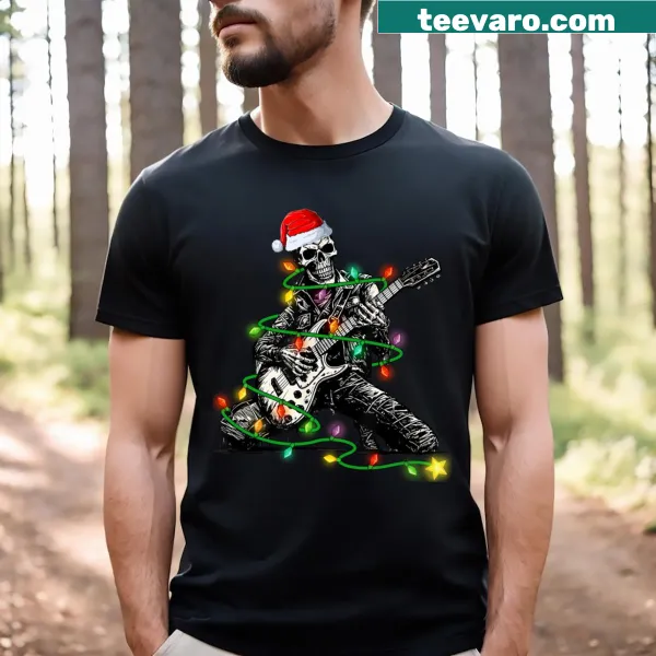 Skeleton Santa with guitar graphic on a Christmas T-shirt