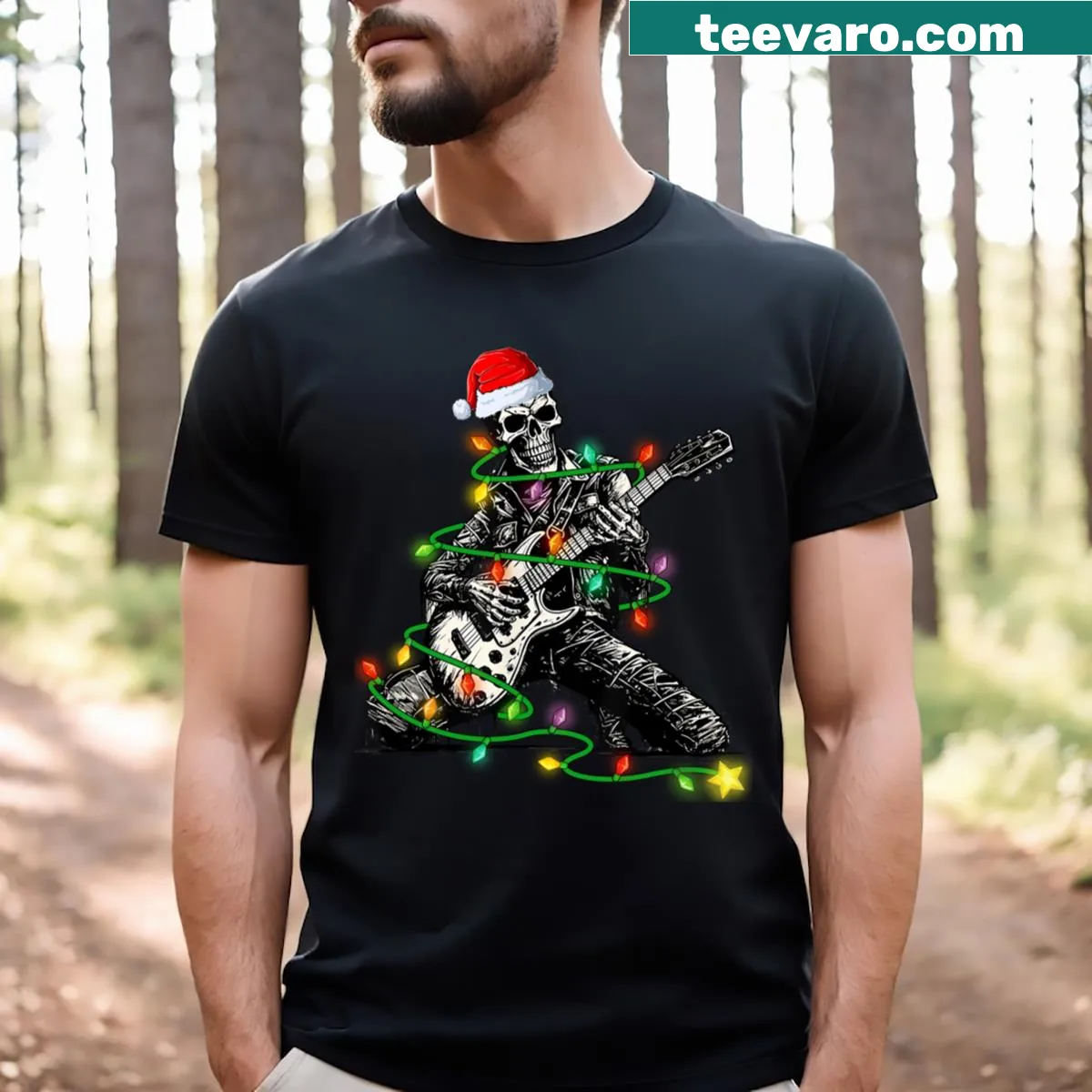 Skeleton Santa with guitar graphic on a Christmas T-shirt — on a men's t-shirt