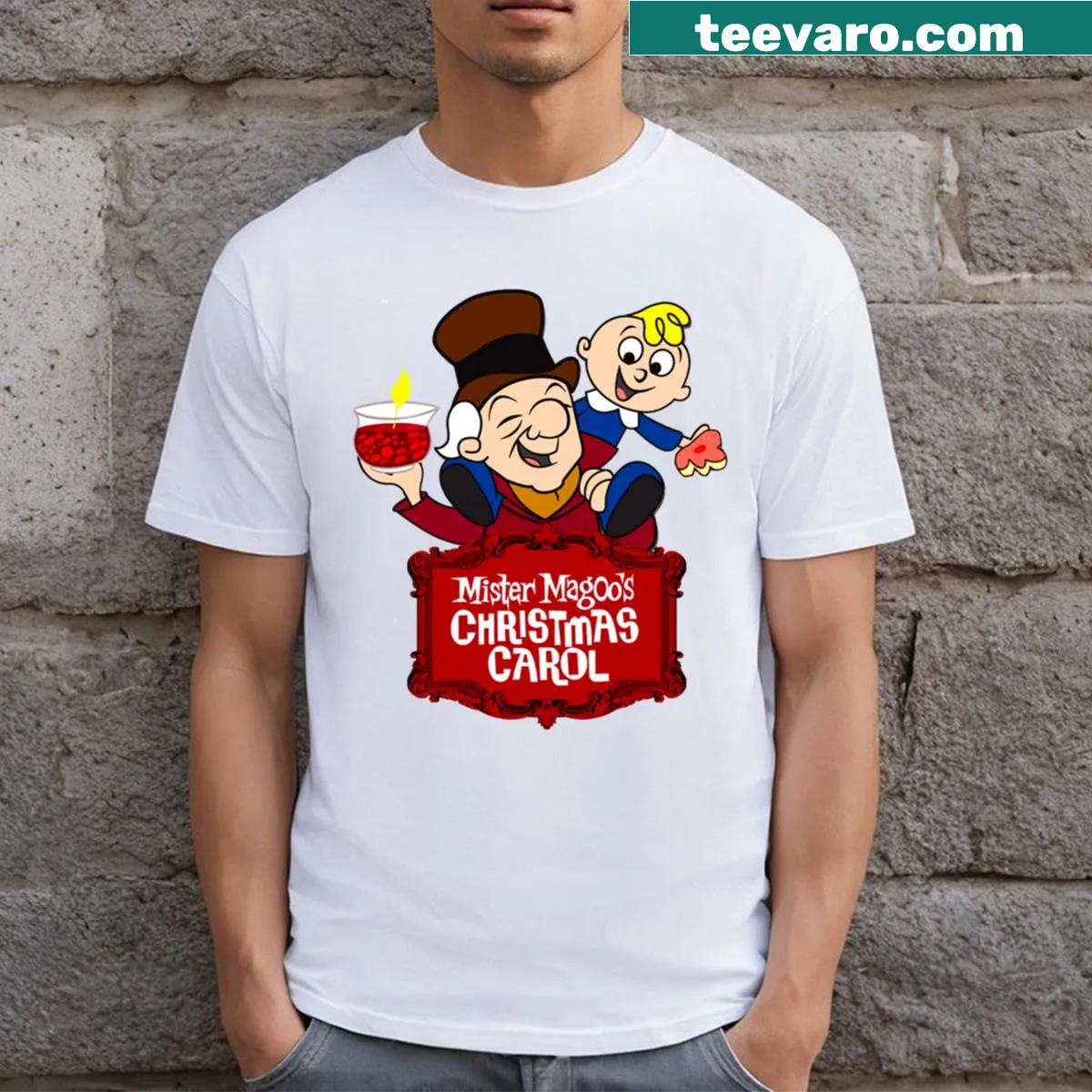 Scrooge and Tiny Tim graphic t-shirt with whimsical illustration — on a men's t-shirt