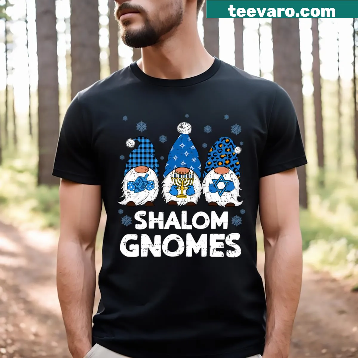 Whimsical t-shirt with gnomes celebrating Hanukkah and Christmas — on a men's t-shirt