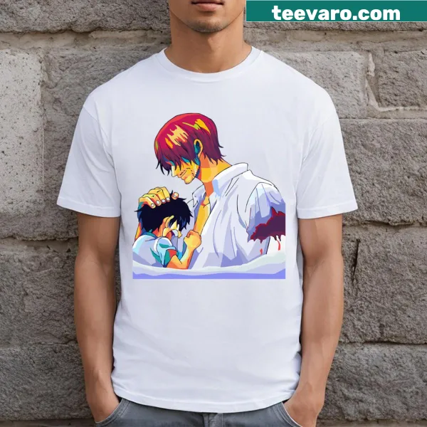 Illustration of Shanks helping Luffy on a graphic t-shirt