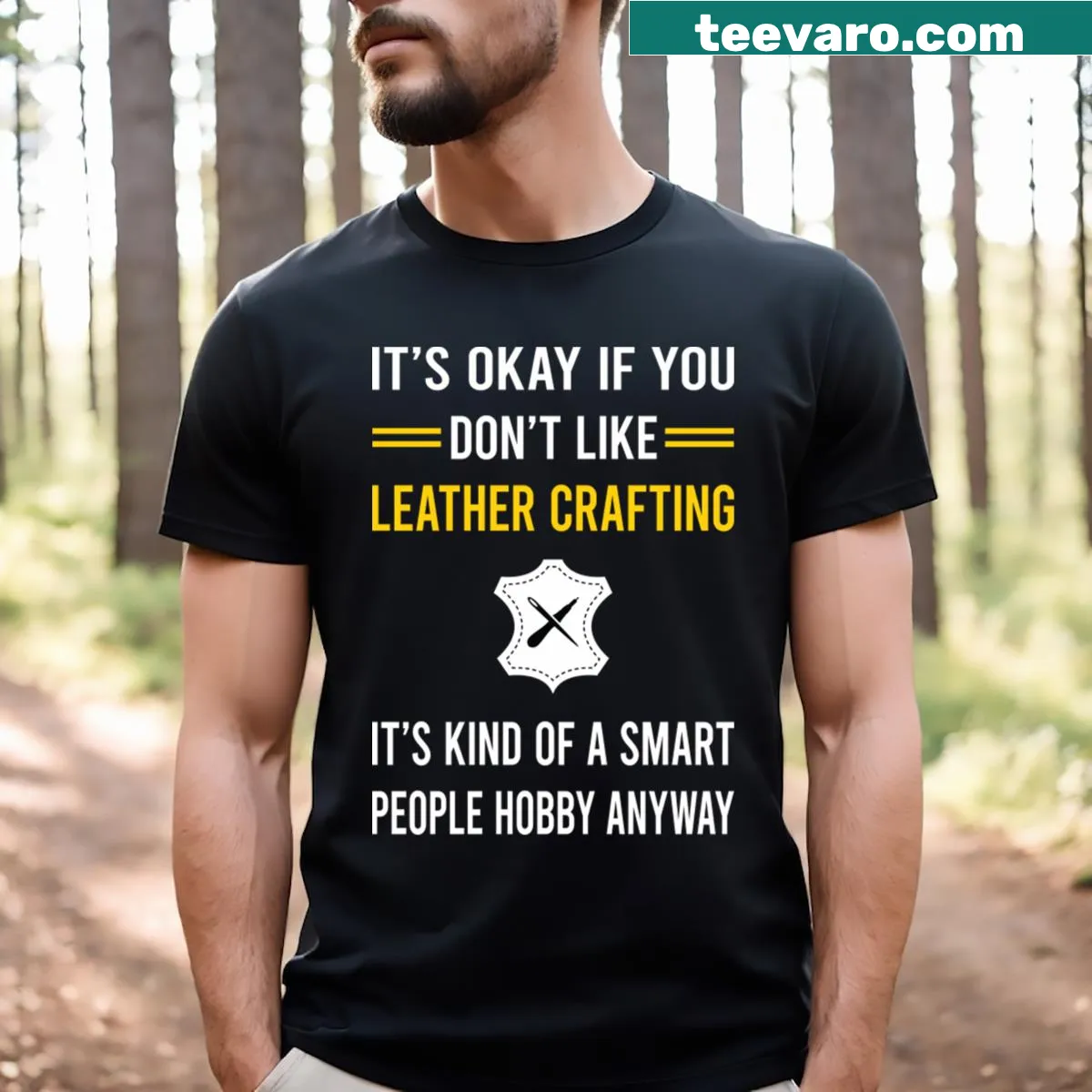 Leather crafting themed T-shirt for enthusiasts — on a men's t-shirt