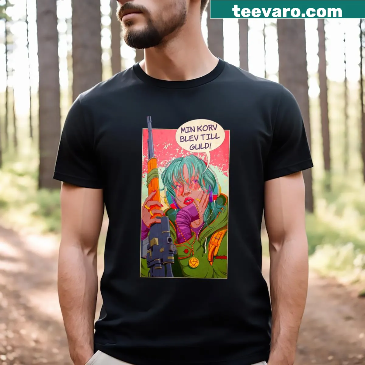 Graphic tee featuring a female sniper illustration — on a men's t-shirt