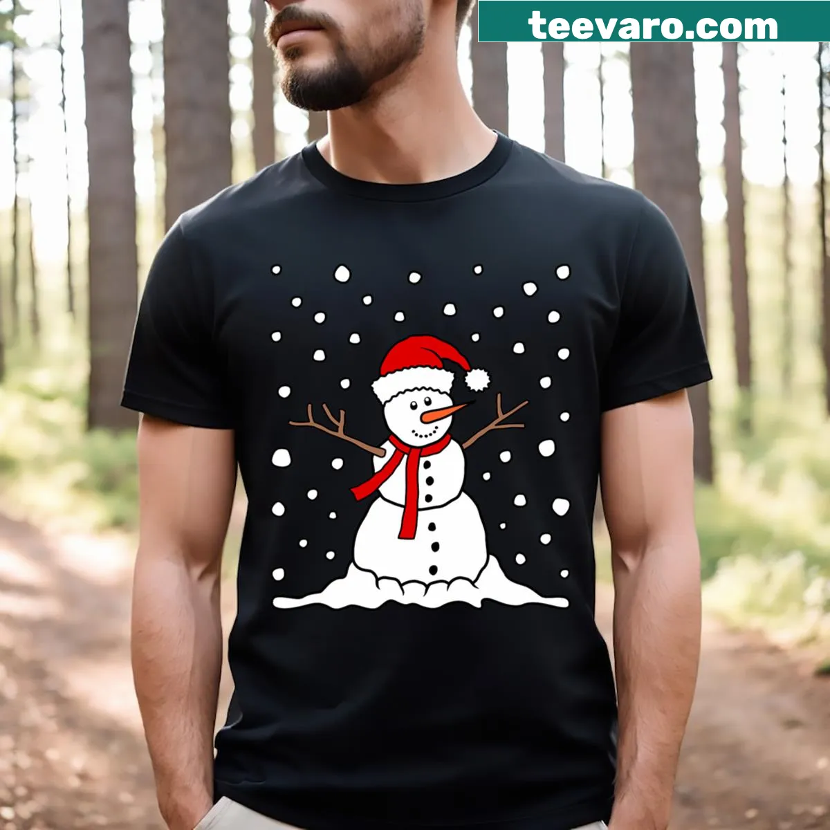 Funny kids Christmas t-shirt featuring cheerful snowman graphics — on a men's t-shirt