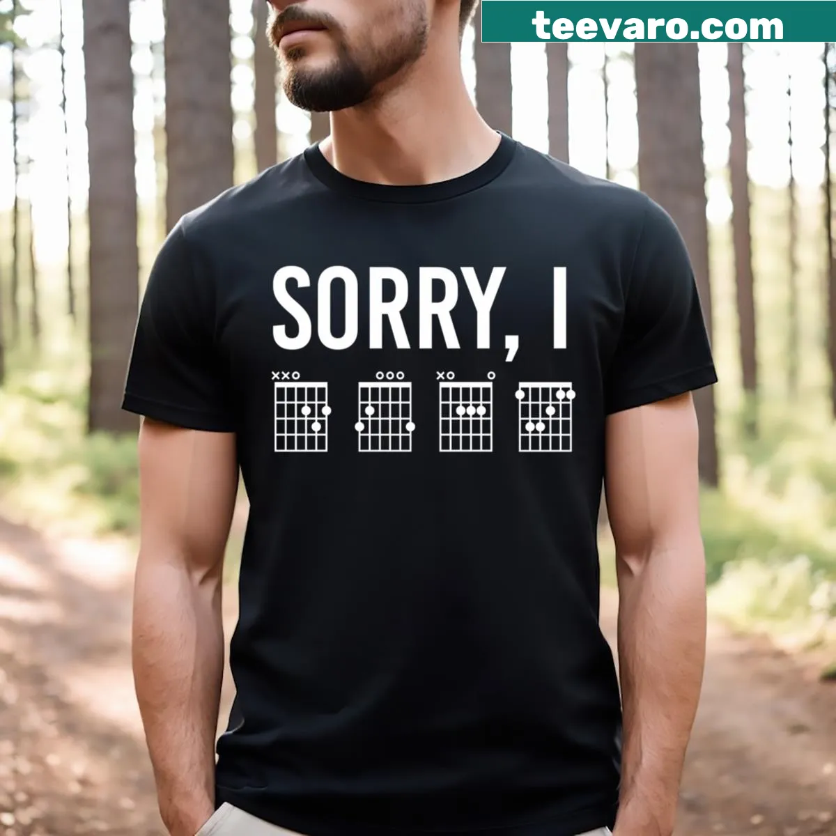 Funny T-shirt with hidden message about guitar chords — on a men's t-shirt