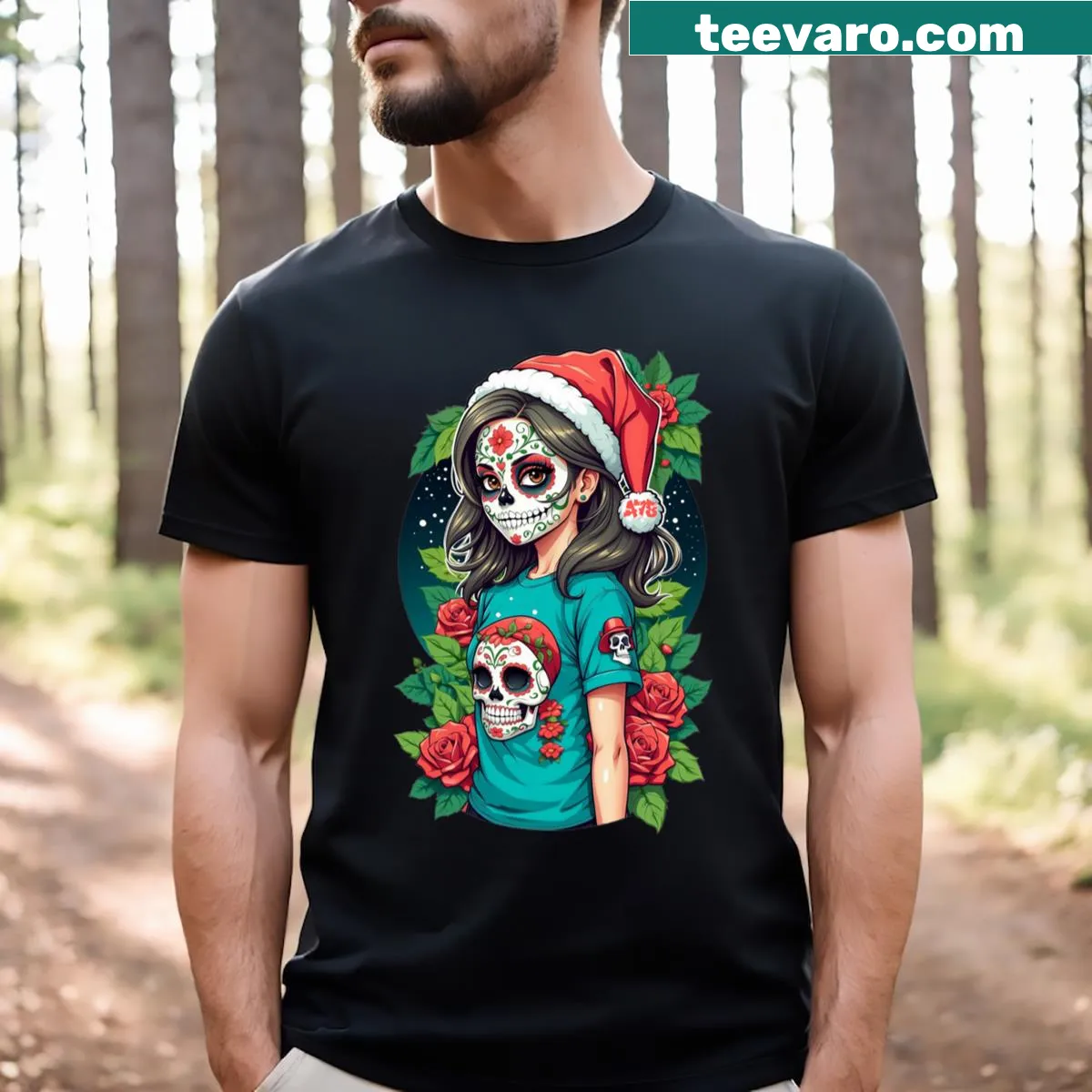 Christmas t-shirt featuring a sugar skull girl design — on a men's t-shirt
