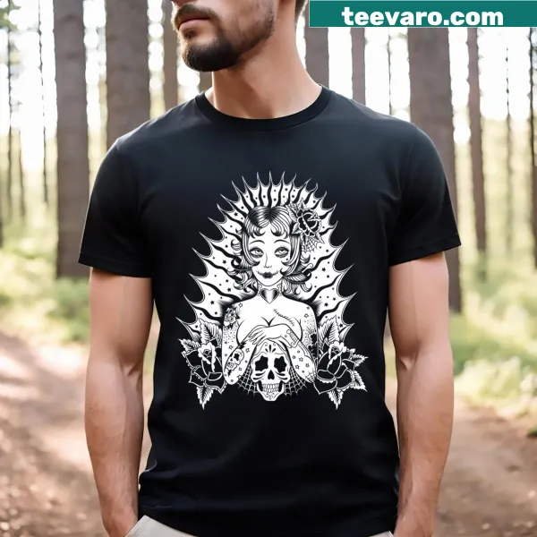 Illustrative t-shirt featuring a tattooed lady and skull design