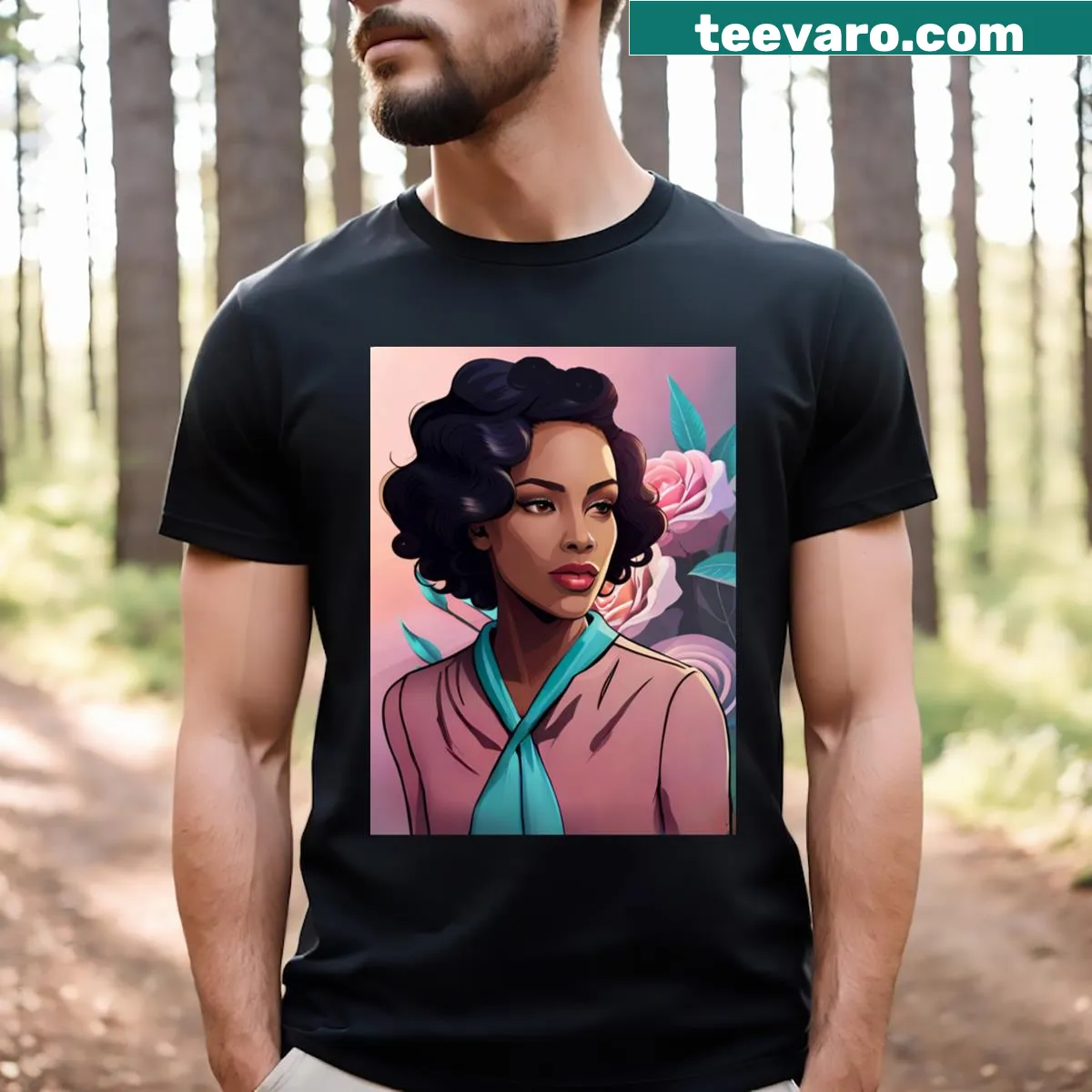 Glamorous T-shirt with a woman in a teal scarf and pink roses — on a men's t-shirt