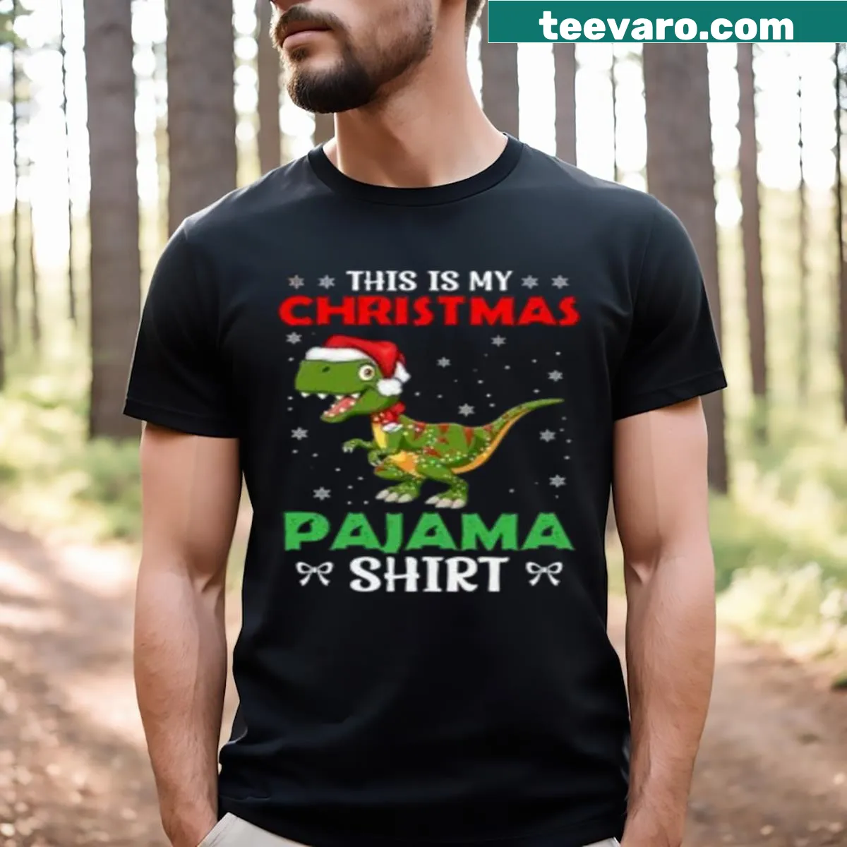 Funny Christmas pajama graphic t-shirt — on a men's t-shirt