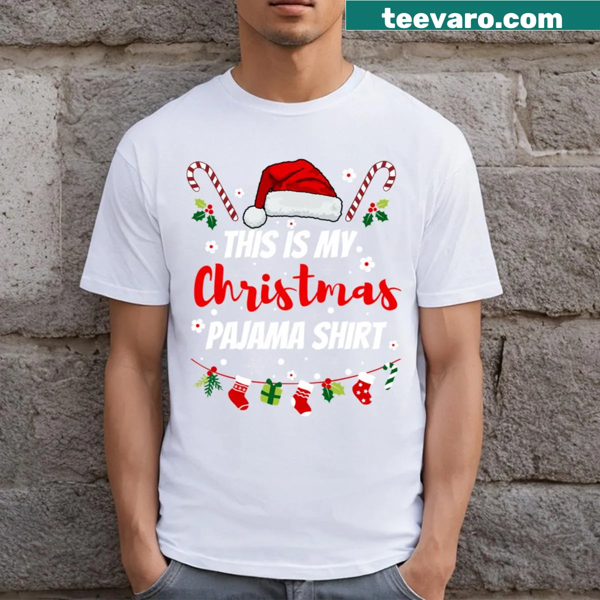Lighthearted Christmas pajama t-shirt with playful design — on a men's t-shirt