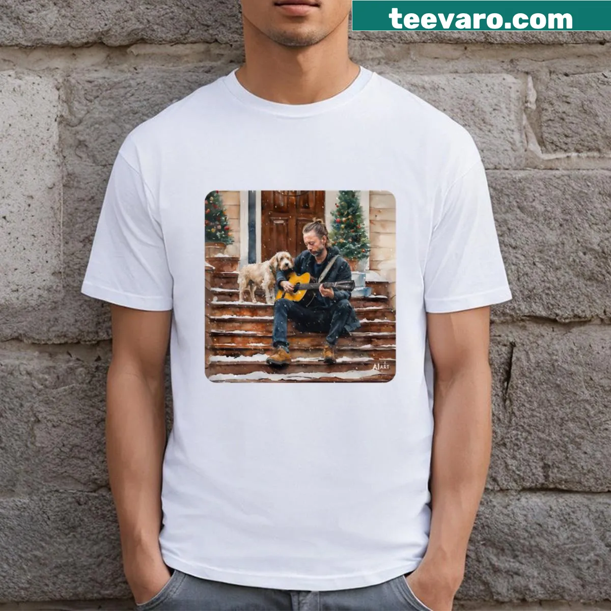 Illustration of Thom Yorke playing guitar on stairs with his dog for Christmas — on a men's t-shirt