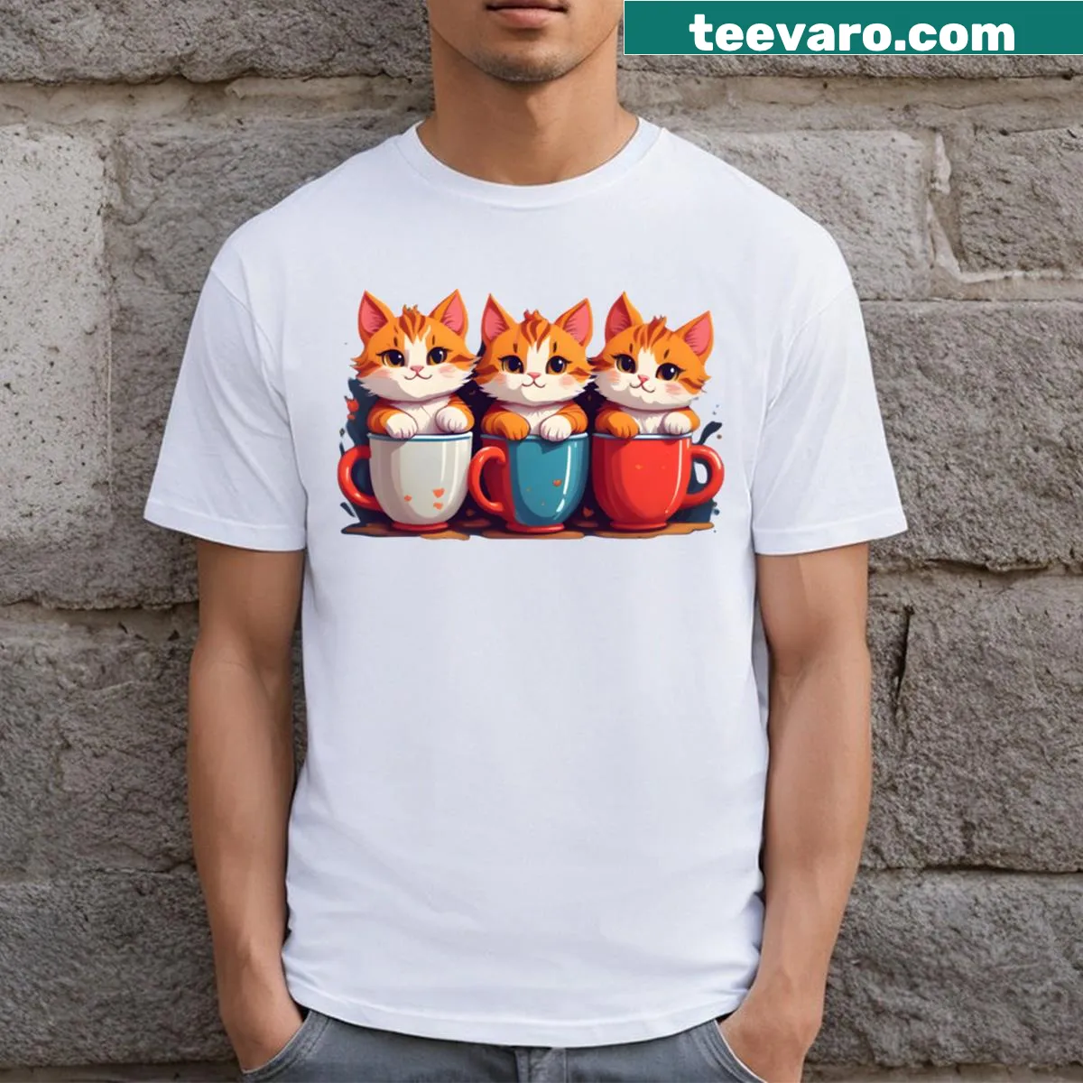Illustration of kittens in cups on a cat lover t-shirt — on a men's t-shirt