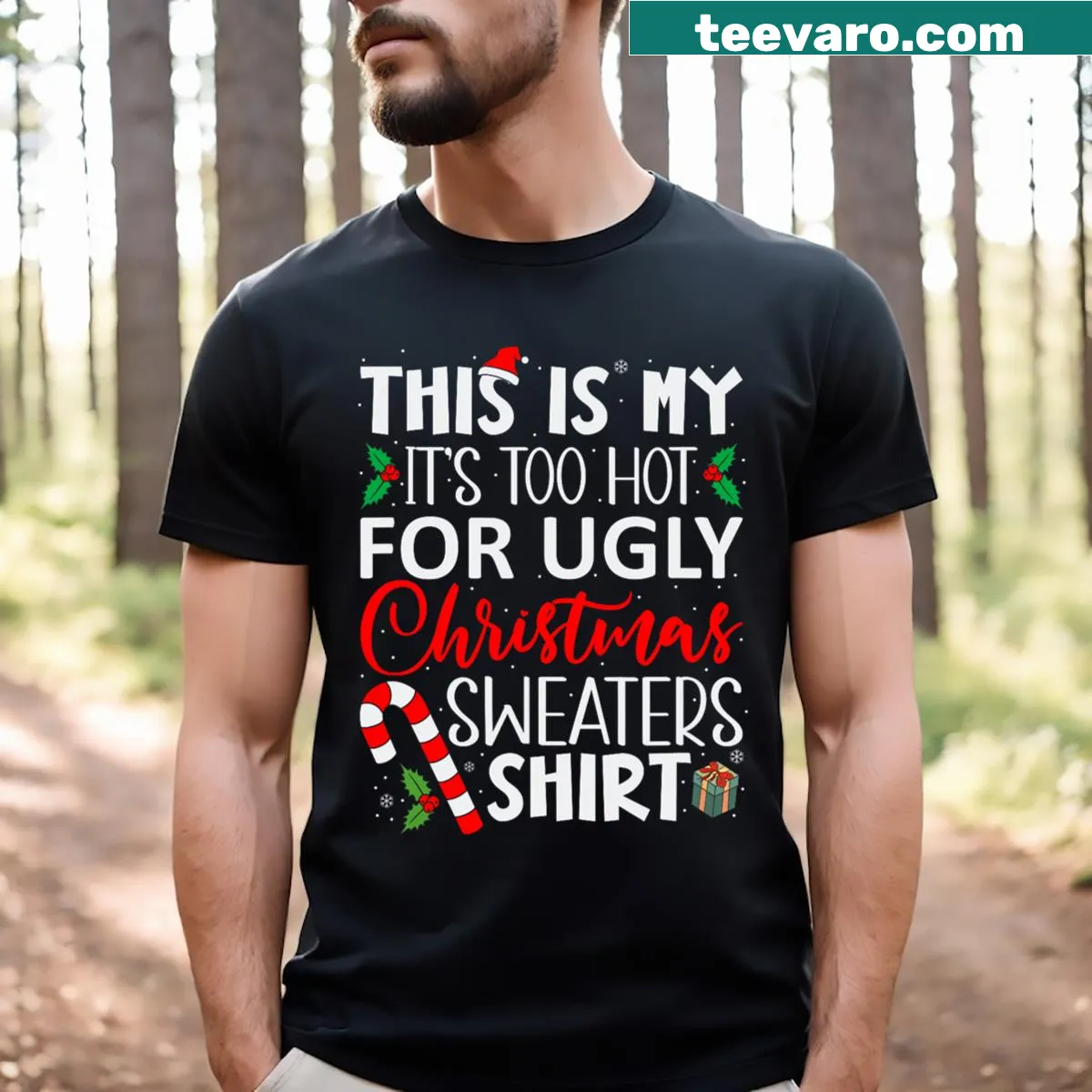 Funny vintage-style Christmas tee with the text Too Hot For Christmas — on a men's t-shirt