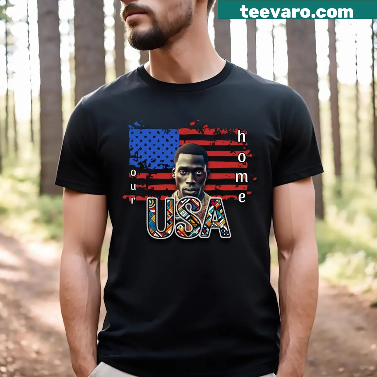 Patriotic USA Our Home text design on a t-shirt — on a men's t-shirt