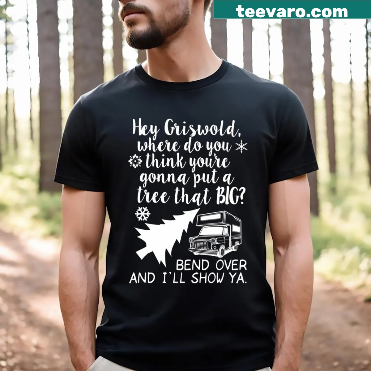 Retro t-shirt featuring Santa and vintage holiday movie graphics — on a men's t-shirt