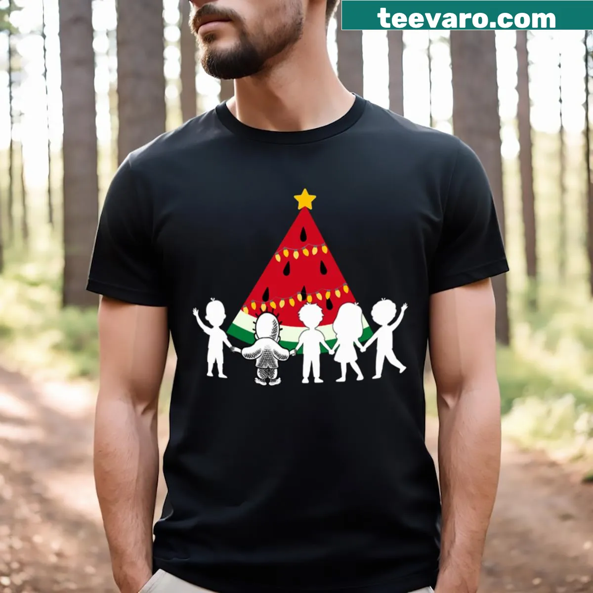 Watermelon Christmas tree graphic on a festive T-shirt — on a men's t-shirt