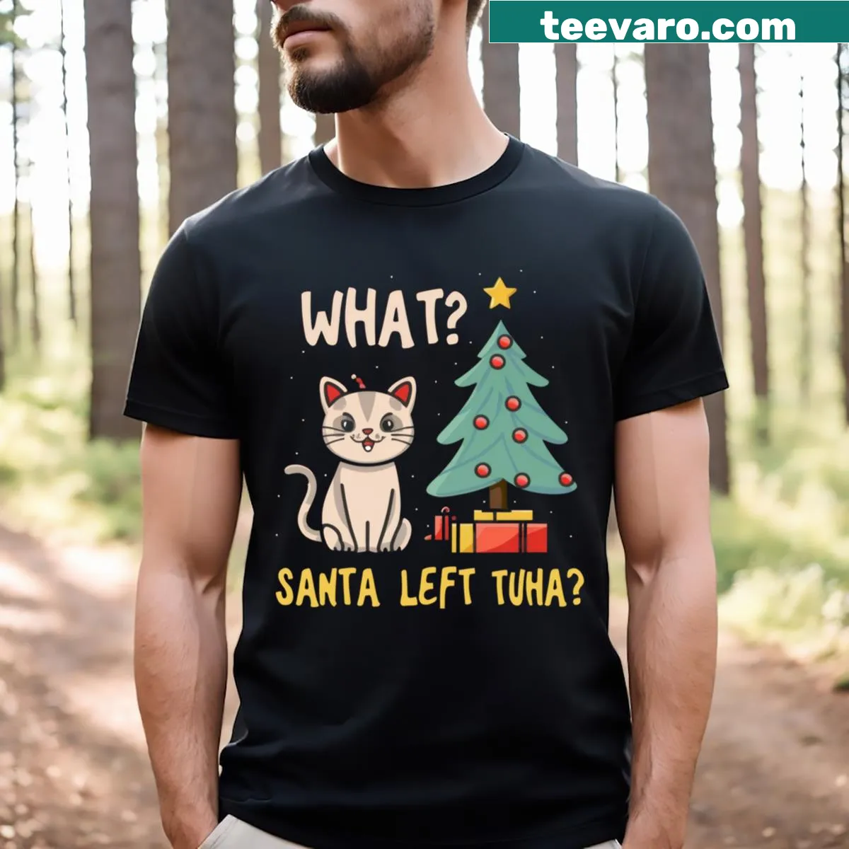Cute Christmas kitten with tuna treat and tree graphic T-shirt — on a men's t-shirt