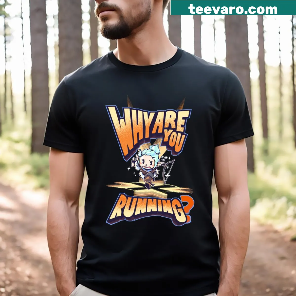 T-shirt with the phrase 'Why Are You Running?' humorously displayed — on a men's t-shirt