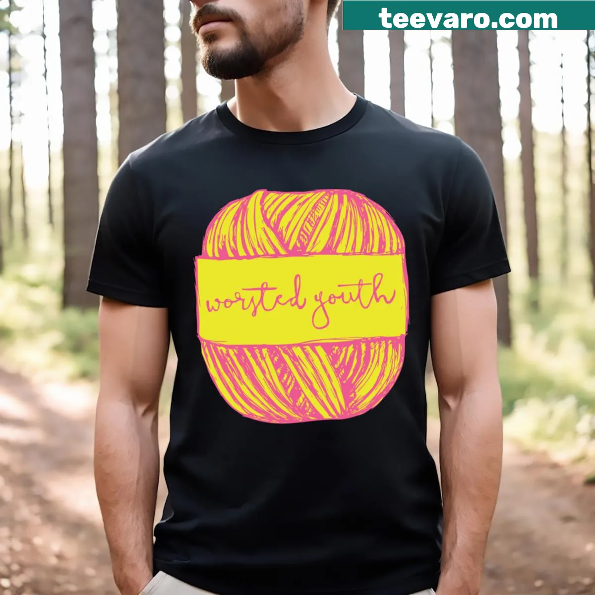 Cute youth t-shirt featuring playful worsted crafting design — on a men's t-shirt