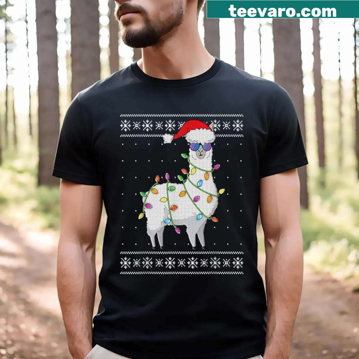 Funny Christmas t-shirt with an alpaca dressed as Santa and colorful lights — on a men's t-shirt
