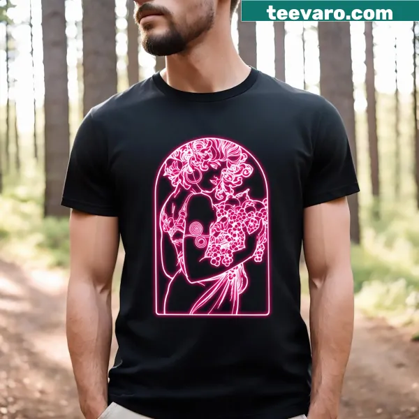 Neon illustration T-shirt featuring roses in Alphonse Mucha style