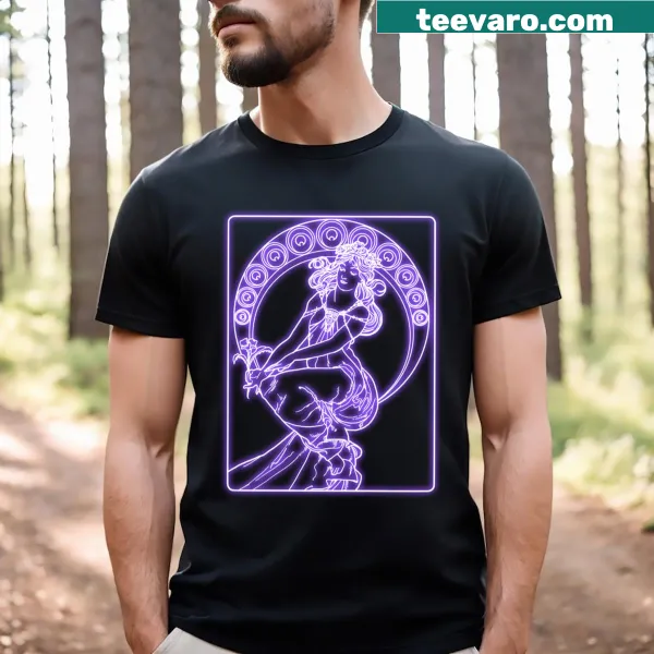 Neon illustration T-shirt featuring violets in Alphonse Mucha style