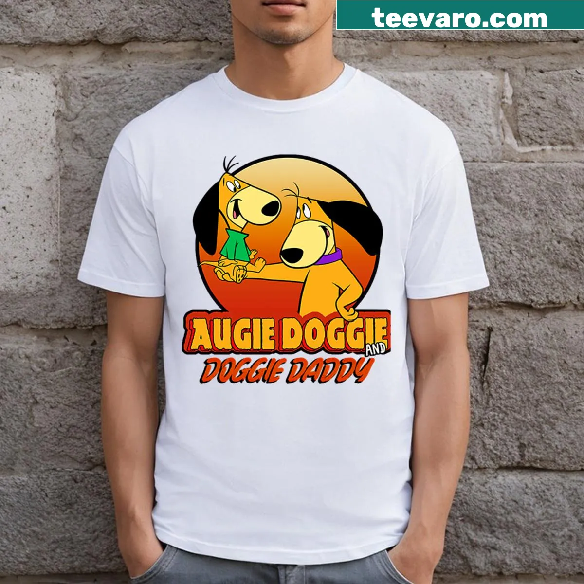 Cute t-shirt featuring Augie Doggie and Doggie Daddy in cartoon style — on a men's t-shirt