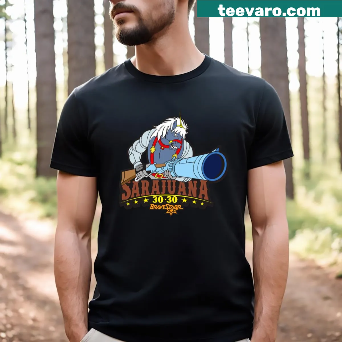 Illustrative t-shirt featuring characters from Bravestar — on a men's t-shirt