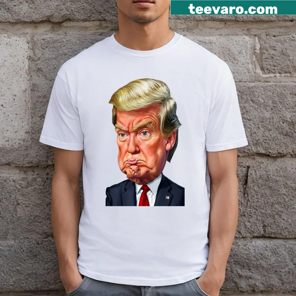 Cartoon t-shirt featuring a pouting Donald Trump. — on a men's t-shirt