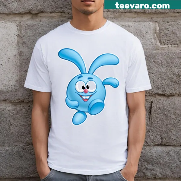 Playful cartoon graphic of Smeshariki Krosh on T-shirt