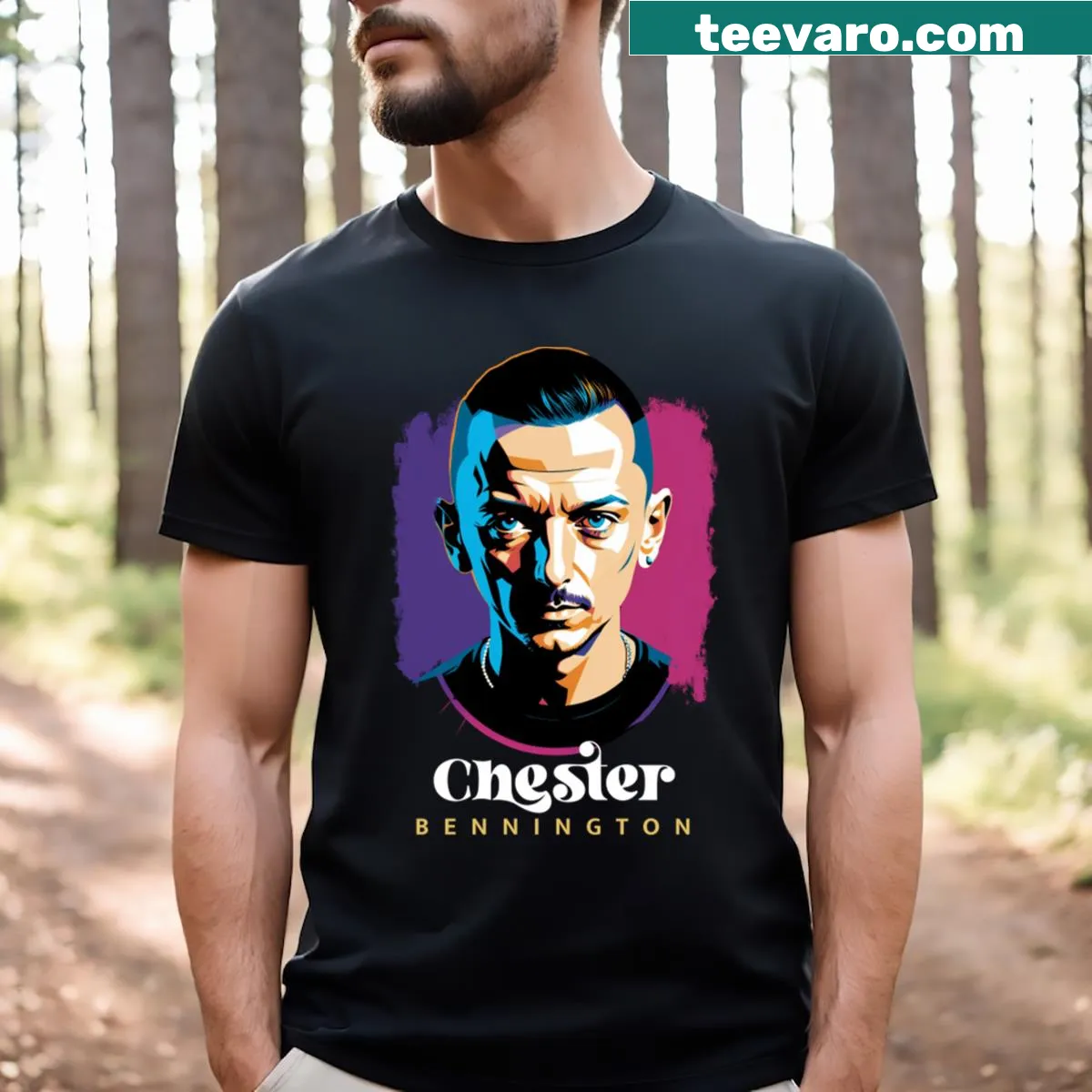 Bold pop art design featuring Chester on T-shirt — on a men's t-shirt