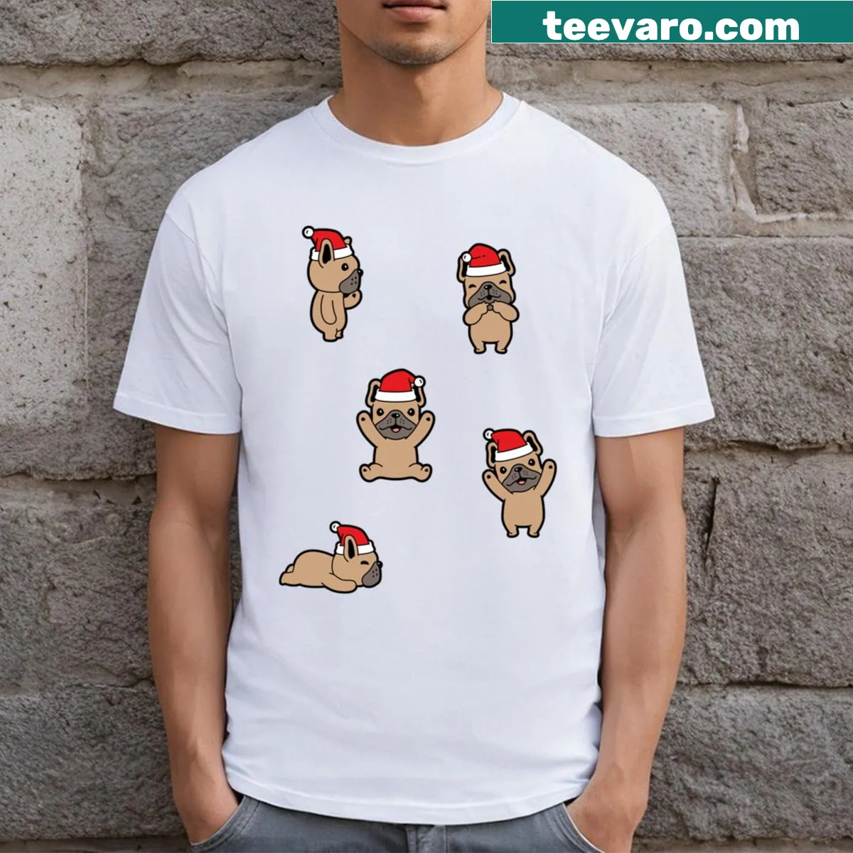 Cute Christmas t-shirt with Frenchie puppies in festive attire — on a men's t-shirt