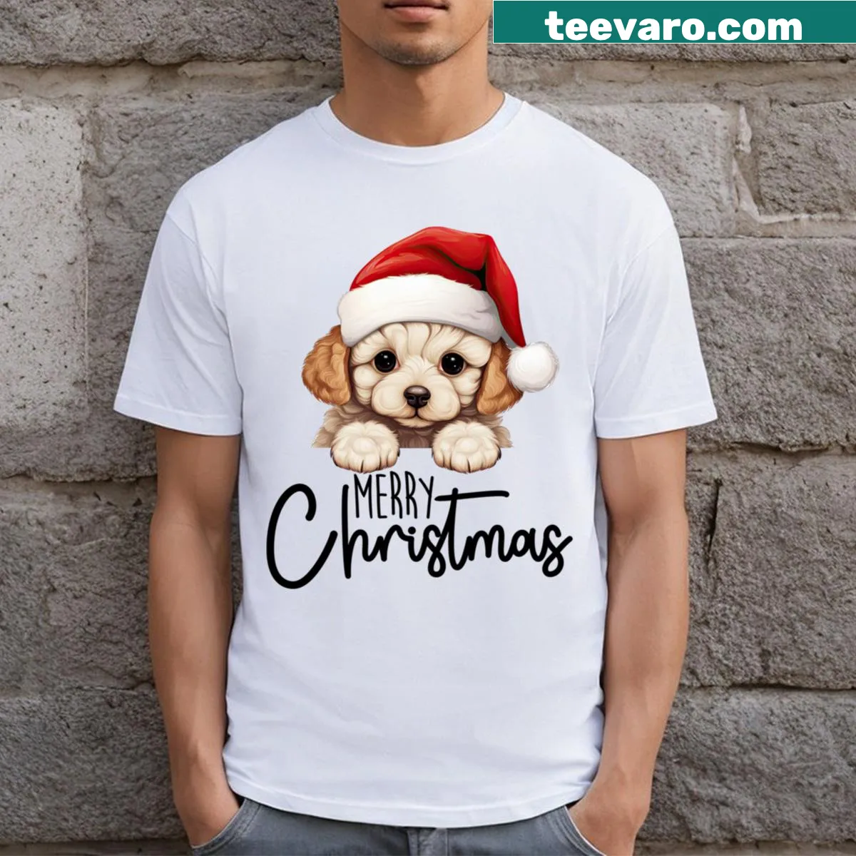 Cute Christmas t-shirt with a dog and merry Christmas message — on a men's t-shirt