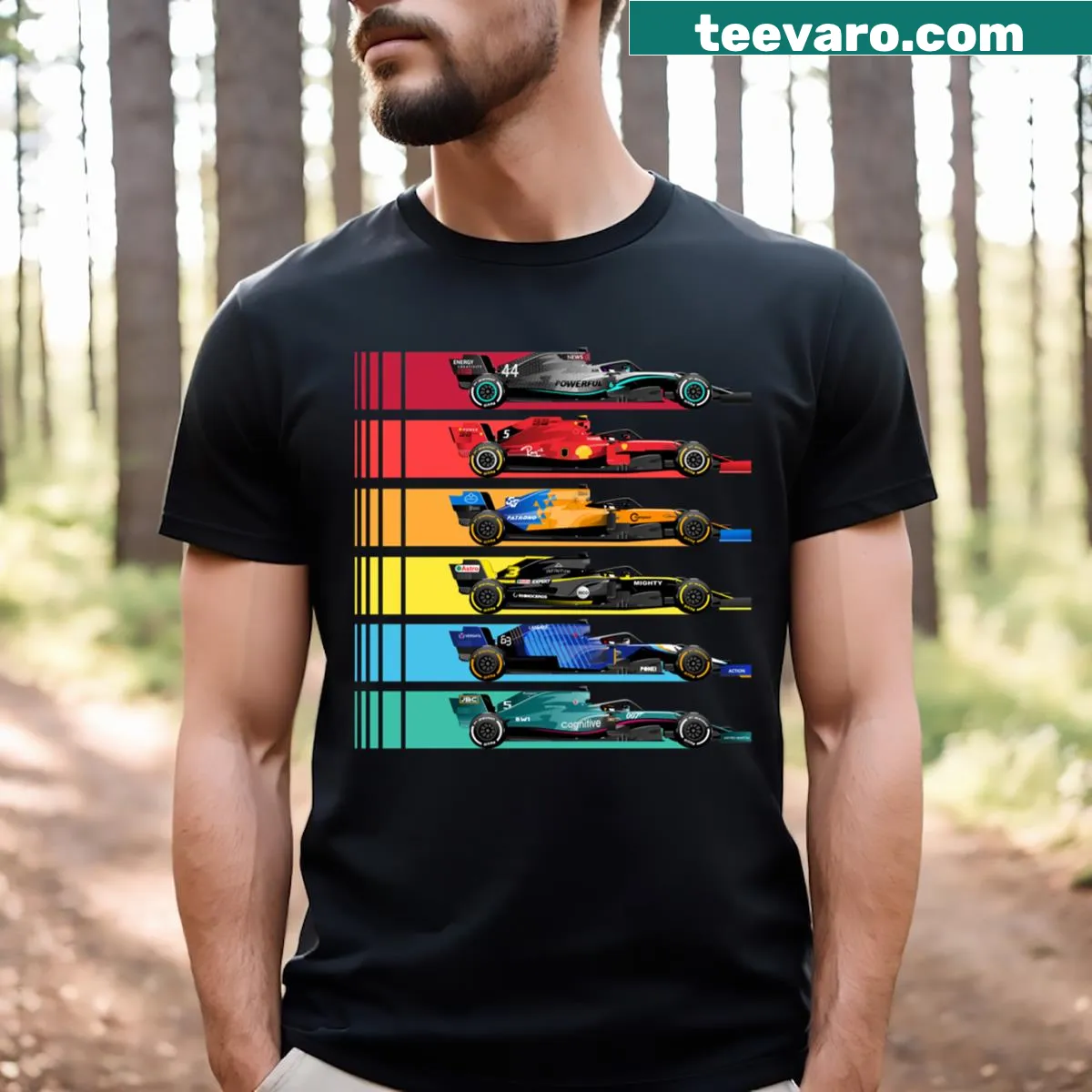 T-shirt featuring illustrations of Formula racing cars for 2023 — on a men's t-shirt