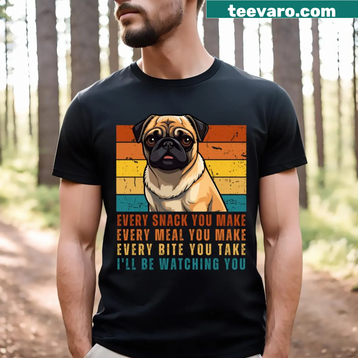 Vintage distressed t-shirt for pug lovers with humorous food text — on a men's t-shirt