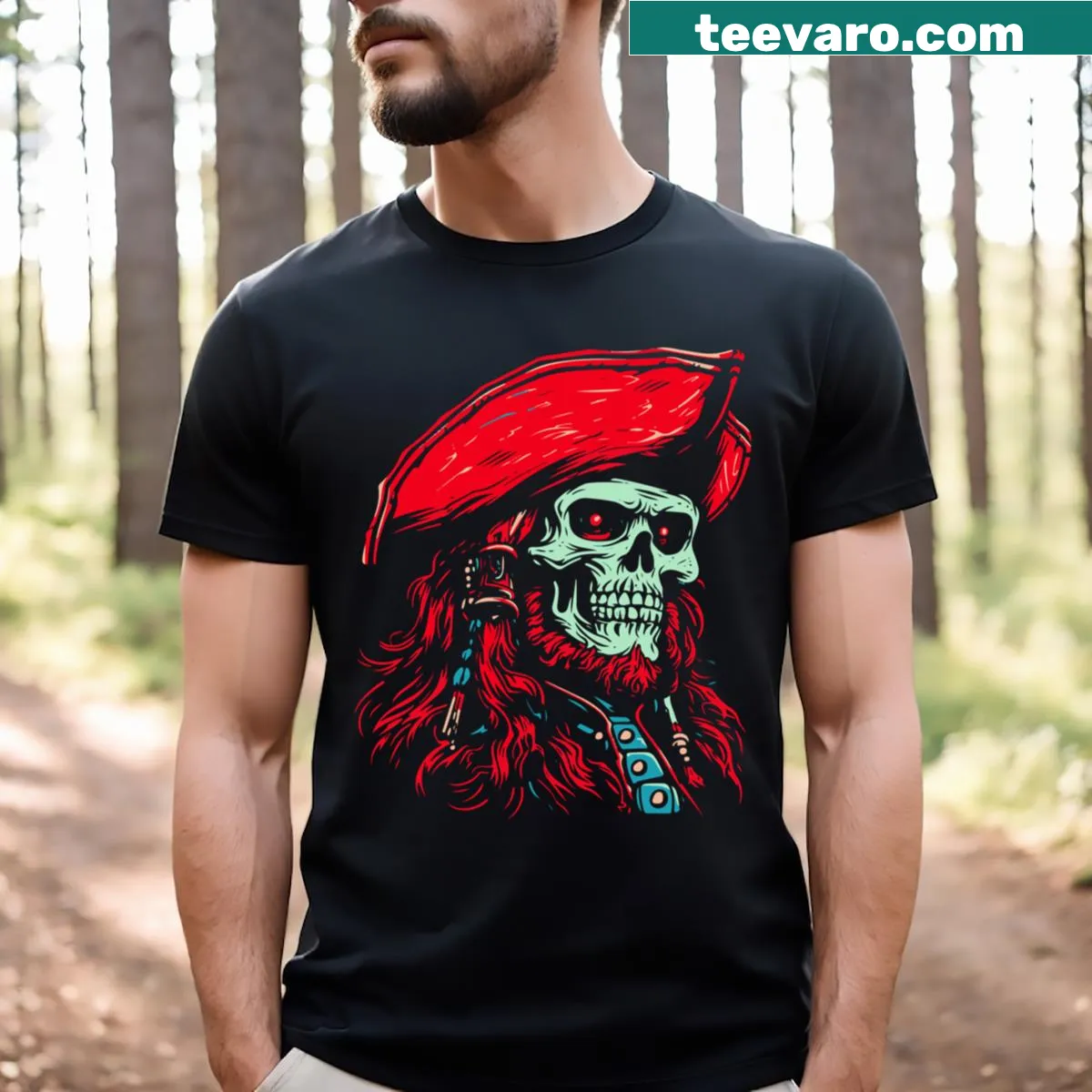 T-shirt featuring a ghostly pirate captain and cursed skull design — on a men's t-shirt