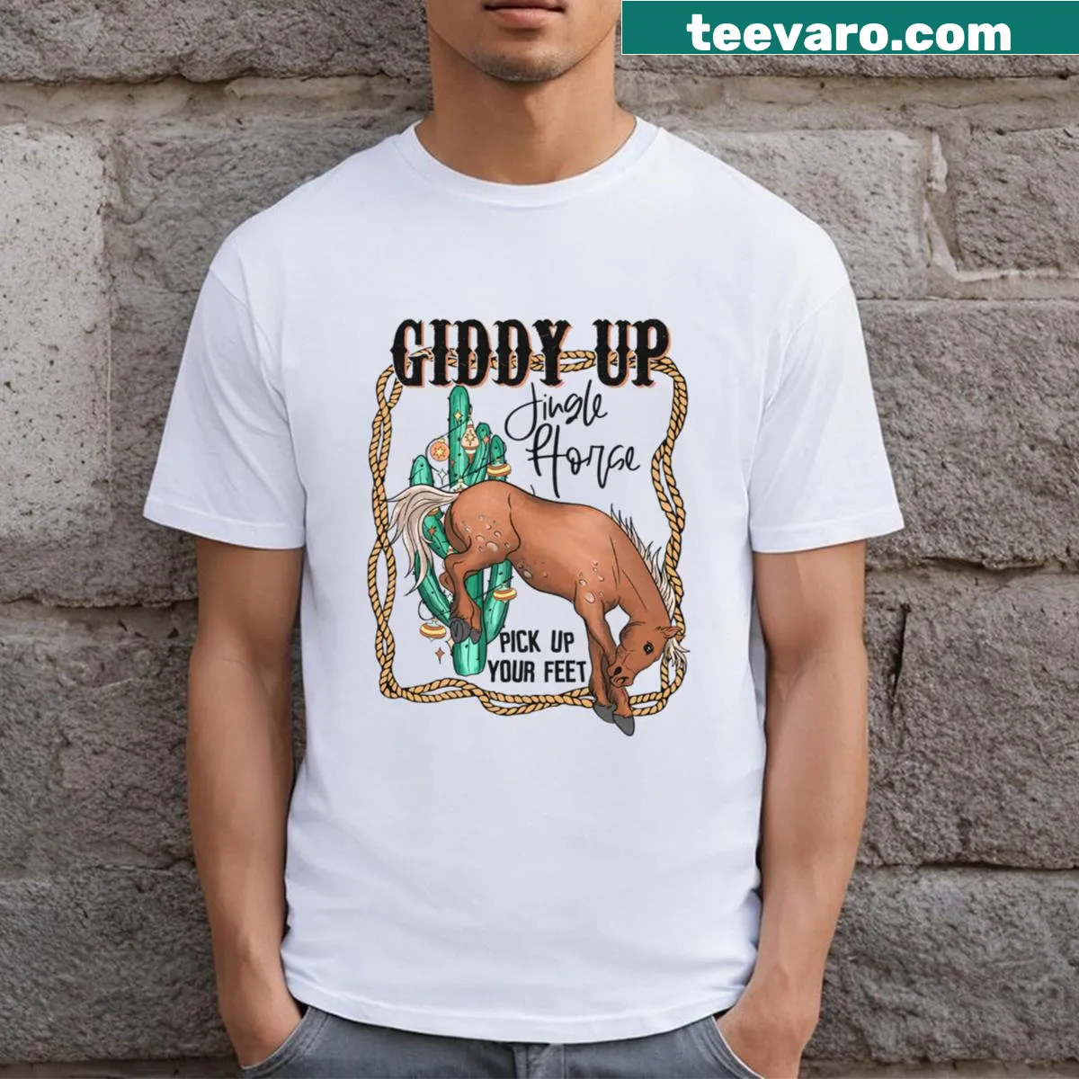 Funny Western-themed Christmas T-shirt with a jingle horse design — on a men's t-shirt