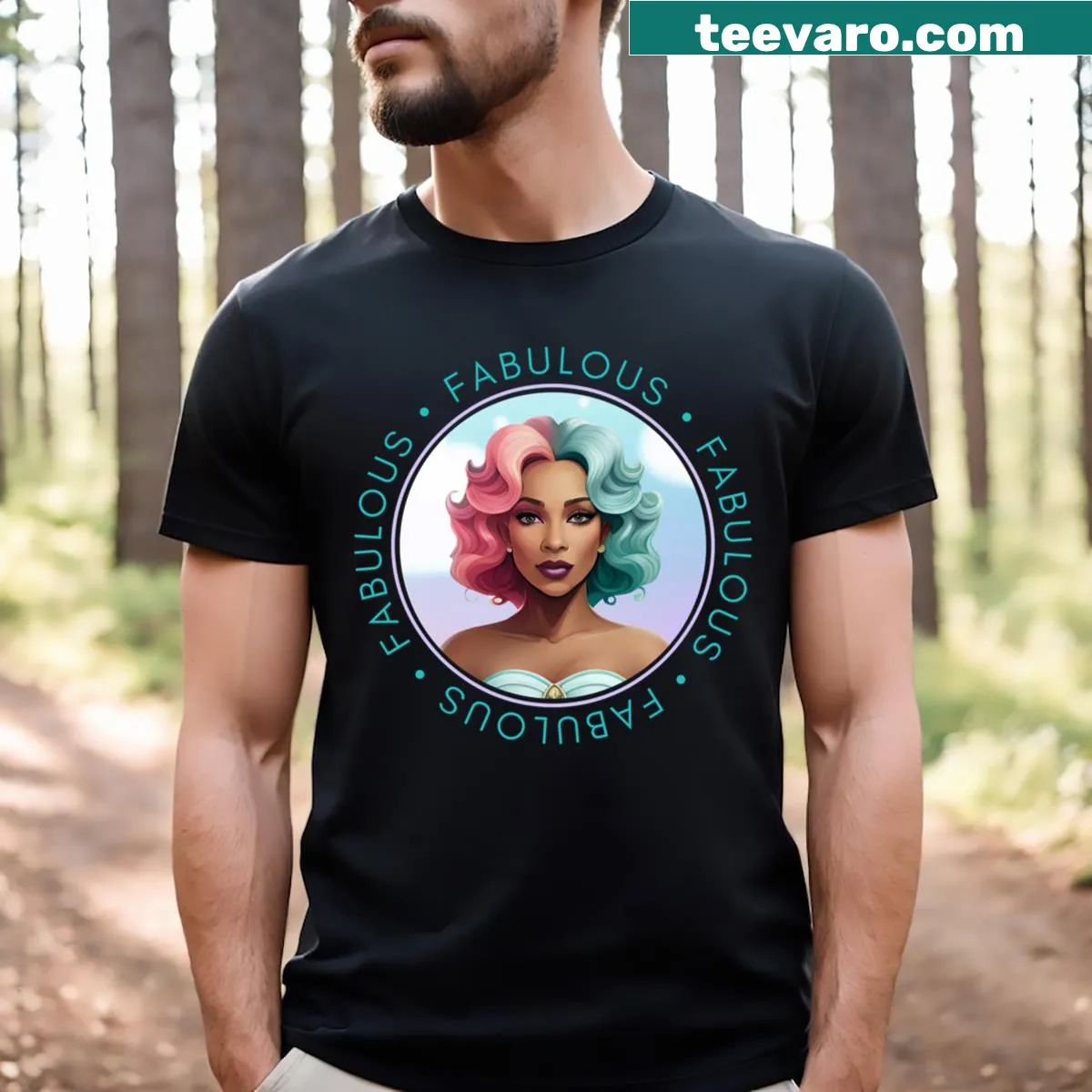 Goddess siren graphic T-shirt with the word 'Fabulous' and purple border. — on a men's t-shirt